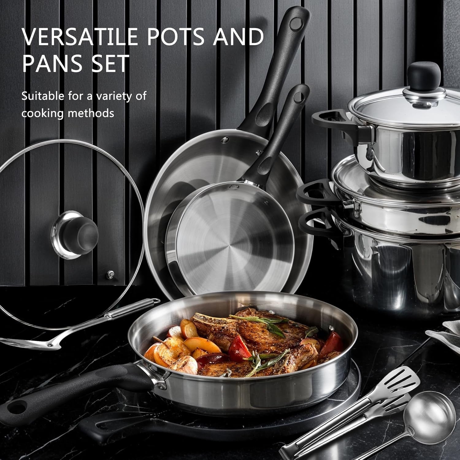 12pcs Stainless Steel Cookware Set with Lids & Utensils Induction Safe Pots Pans