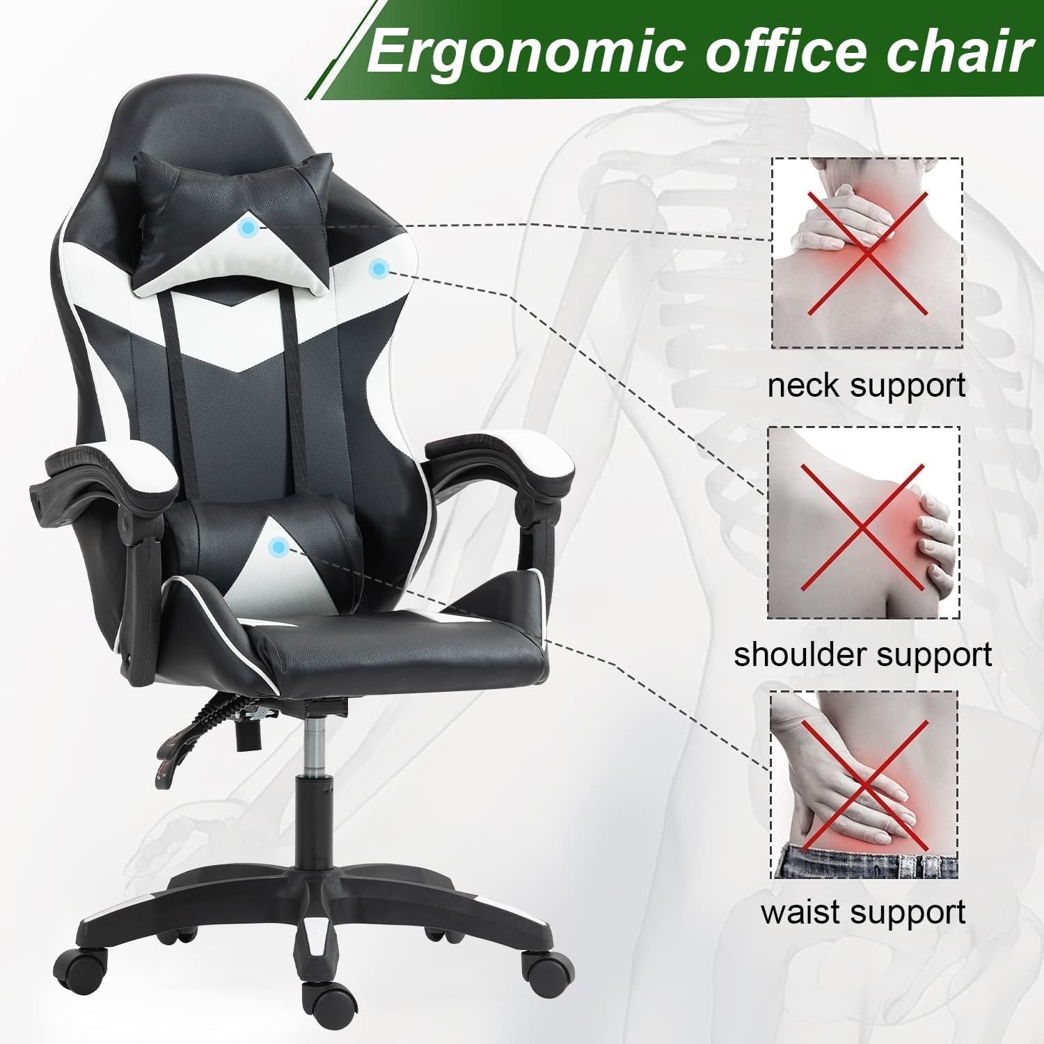 Gaming Chair White Faux Leather Recliner Swivel Ergonomic Lumbar Support New