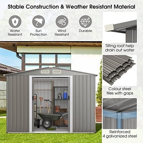 8x6FT Metal Garden Shed with Double Sliding Doors & Ventilated Ramp