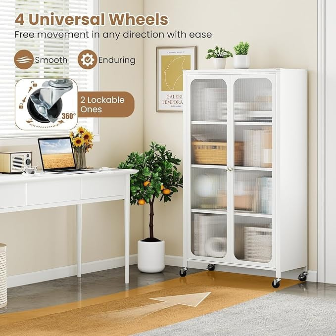 Large White Metal Storage Cabinet with Translucent Doors & Wheels, Adjustable