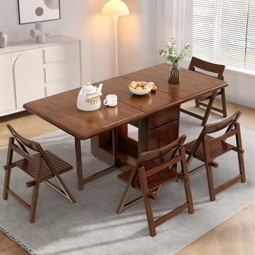 Space Saving Foldable Dining Table on Wheels Solid Wood Extending Kitchen Table