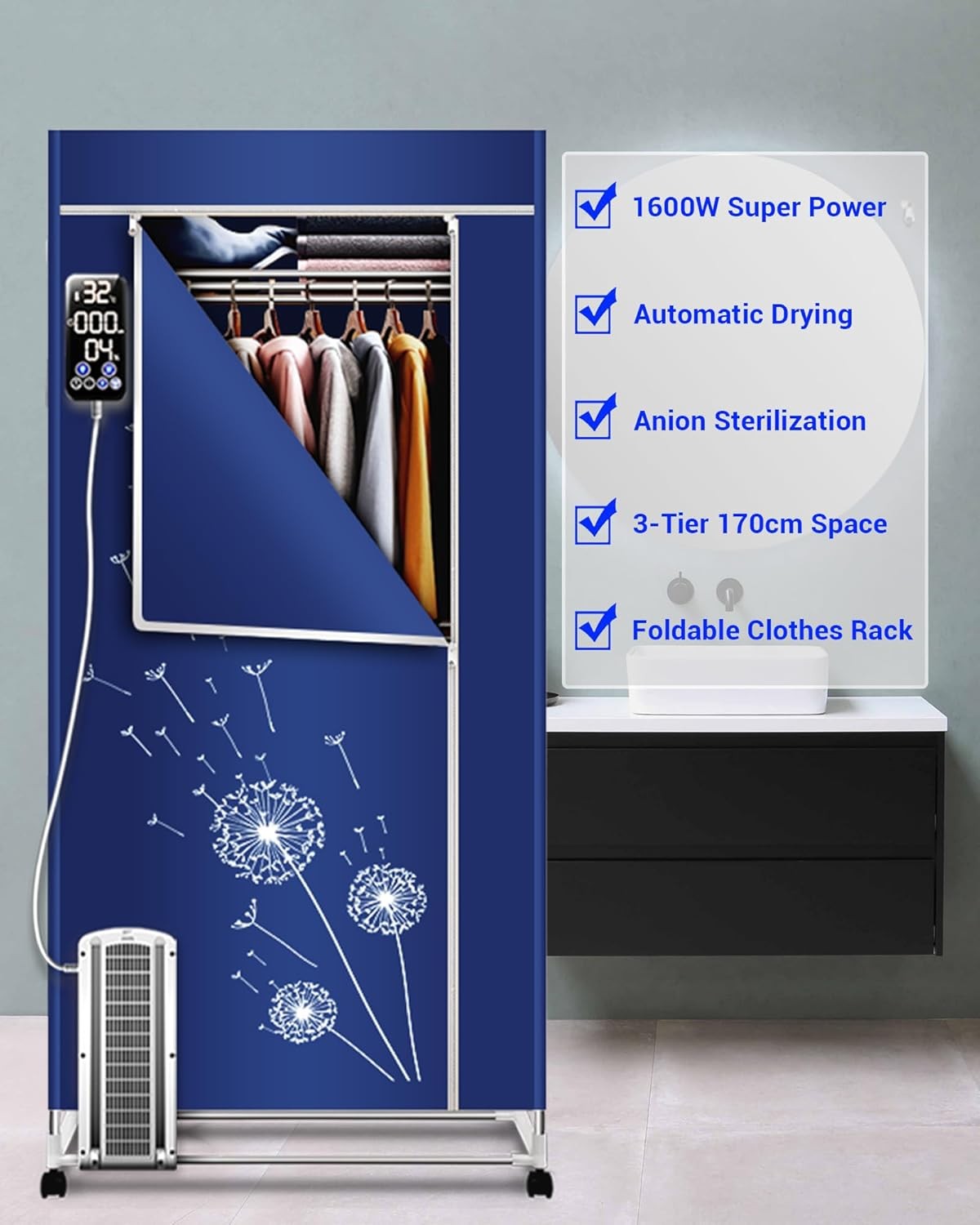 Electric Heated Clothes Airer 1600W 3-Tier Cabinet Dryer With Timer & Cover