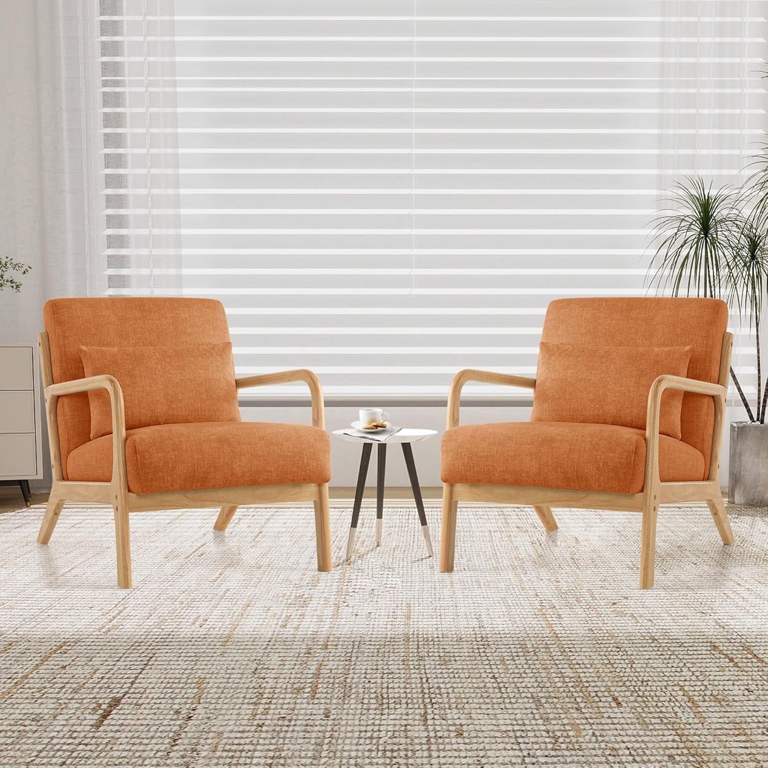 Orange Accent Chairs Set of 2 Mid Century Wood Frame Lounge Seats