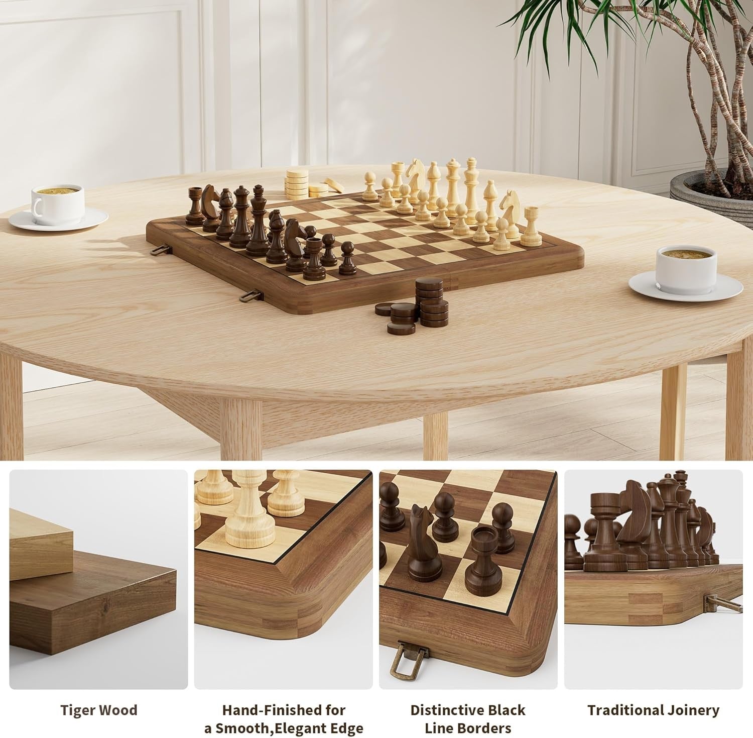 15" Magnetic Wooden Chess Set Dual-Tone Folding Board with Storage Box
