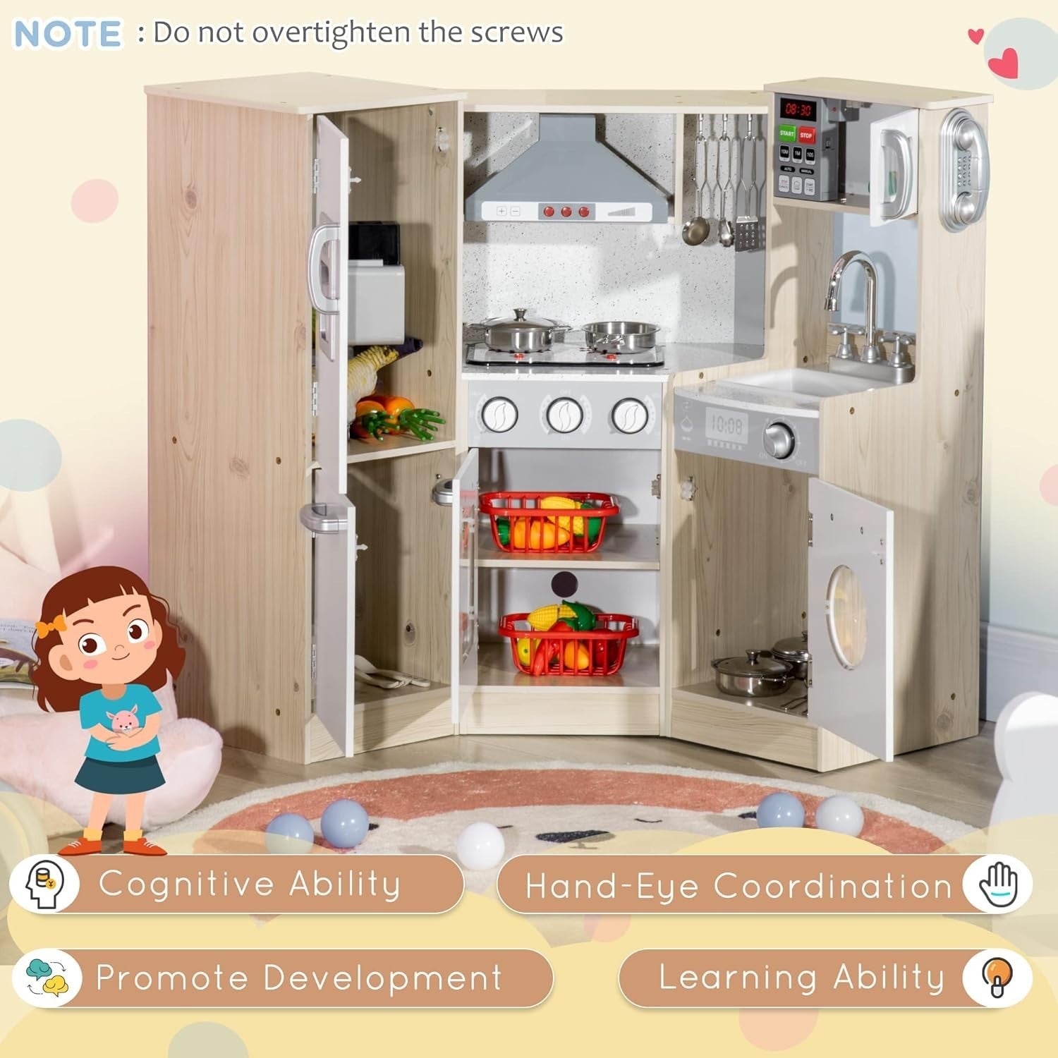 Kids Wooden Play Kitchen Set w/ Lights Sounds Phone Storage Toys
