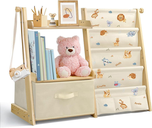 Jungle Animals Kids Bookcase & Toy Storage – 4-Tier Sling Shelf with Toy Box