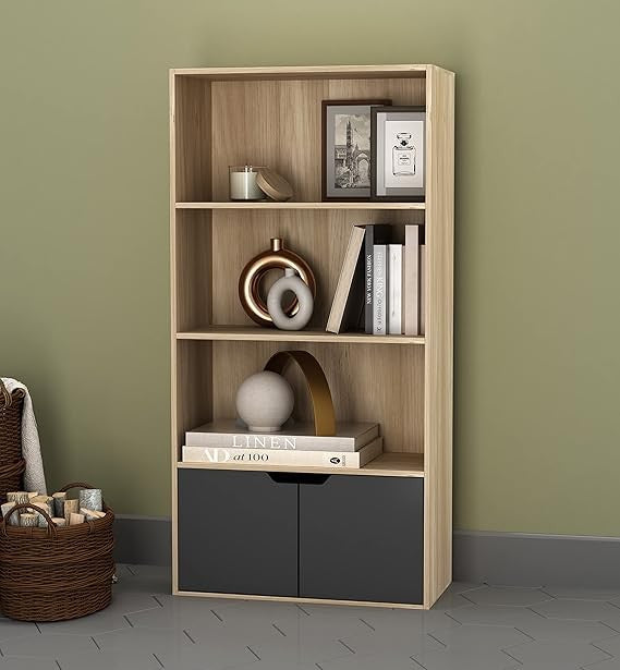 Modern Oak 4-Tier Wide Bookcase with Storage Cupboard – Wood & Black Unit