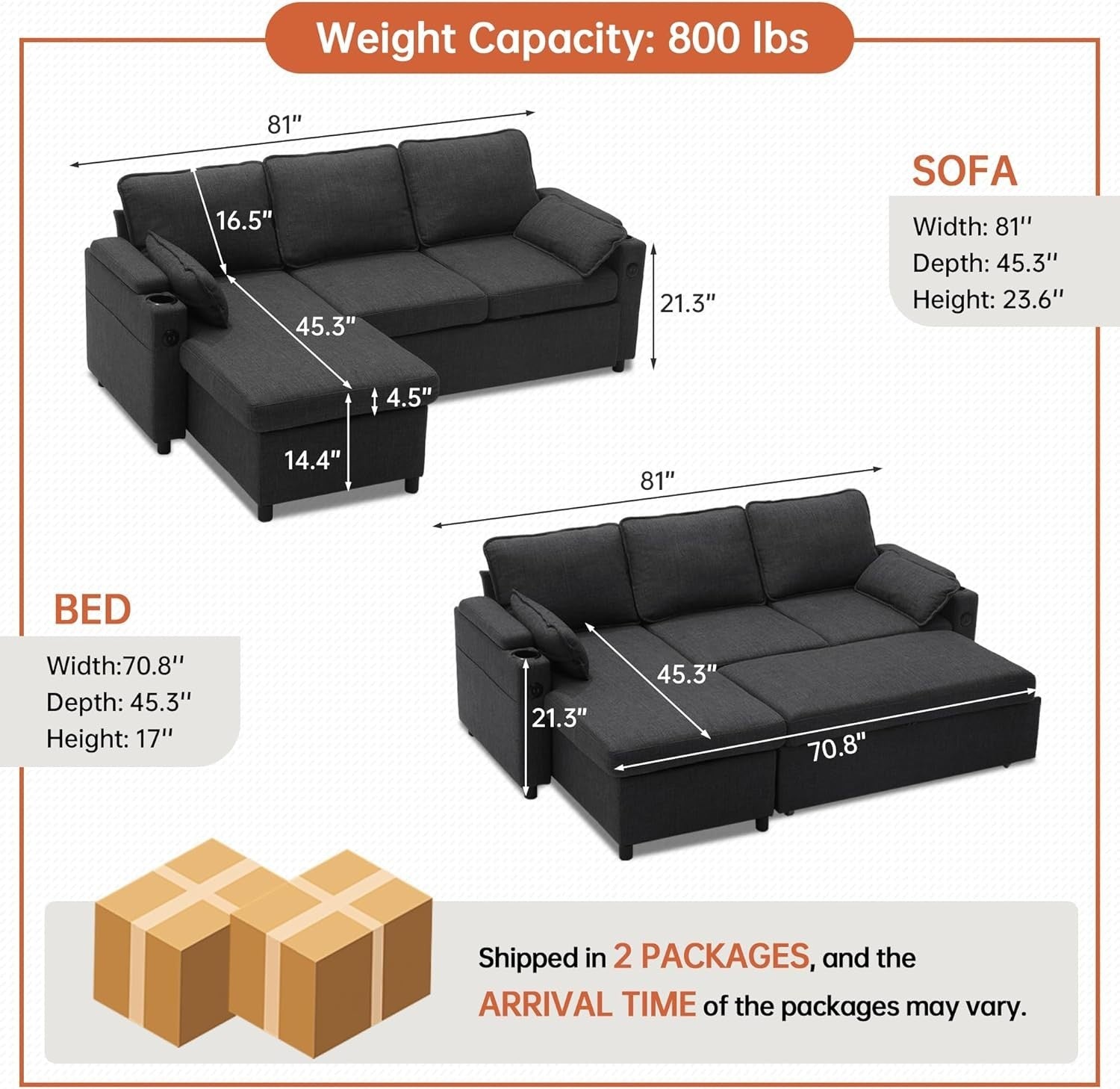 L Shape Sofa Bed Storage Chaise USB Cup Holder Pull Out Couch Grey