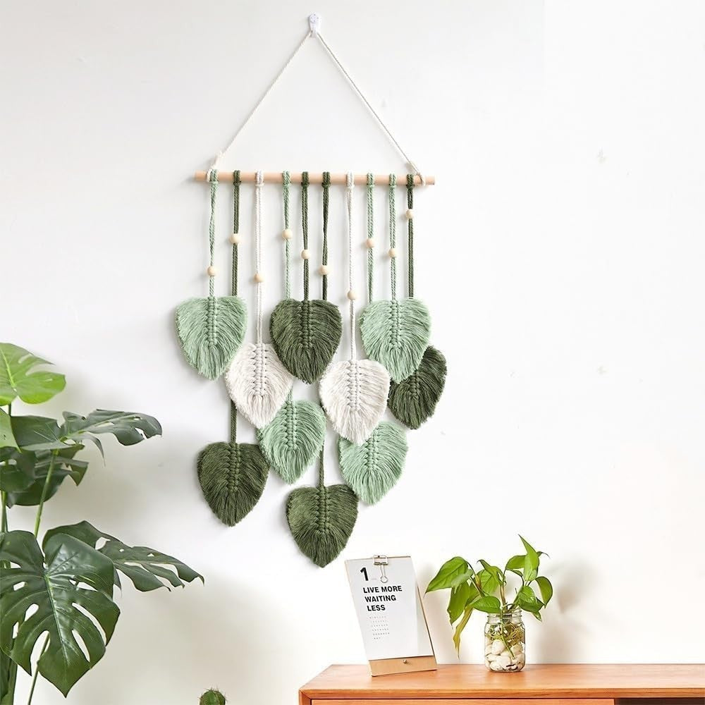 Green Macrame Leaf Wall Hanging Boho Woven Tapestry 90cm