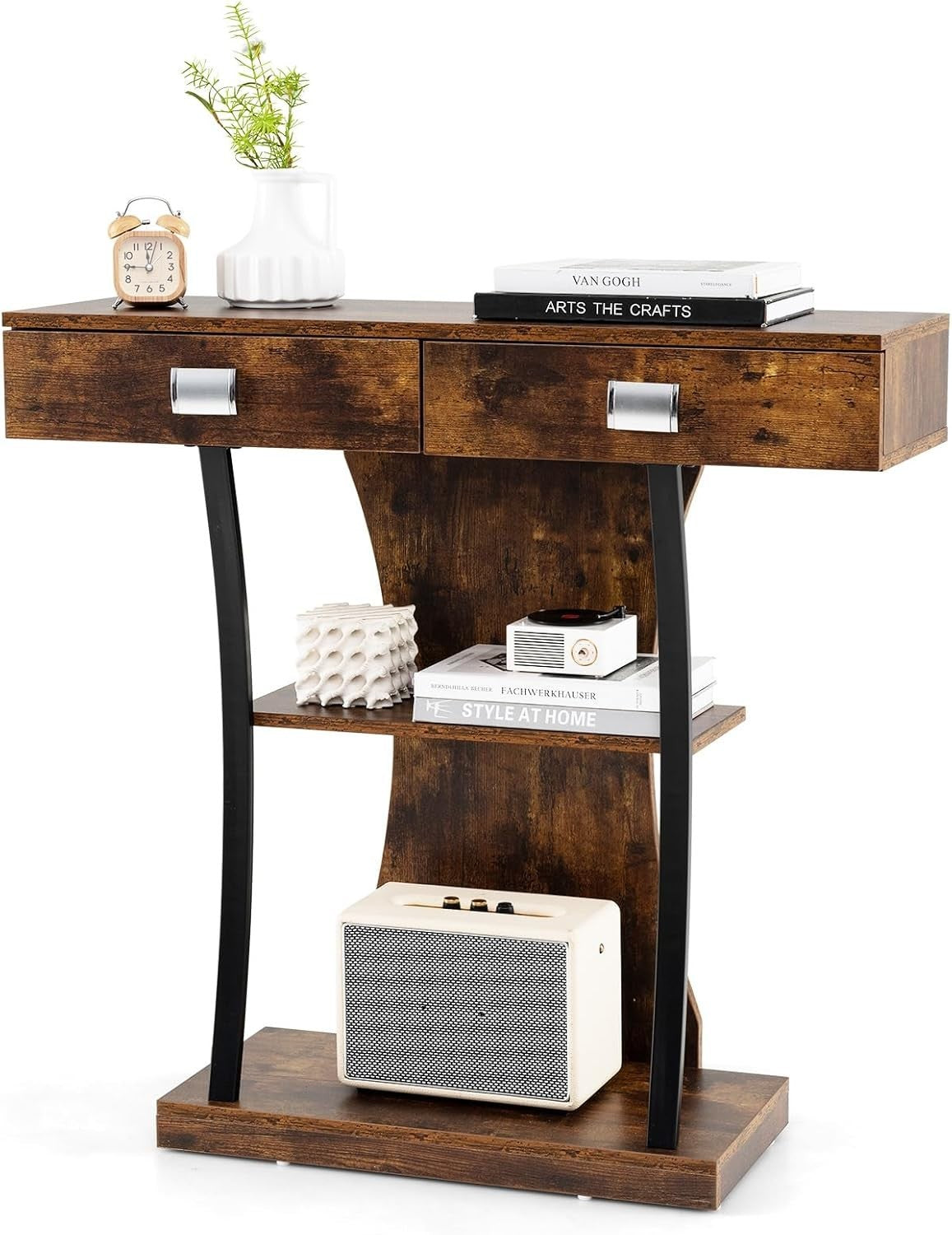 Narrow Rustic Brown Console Table with 2 Drawers & Storage Shelves