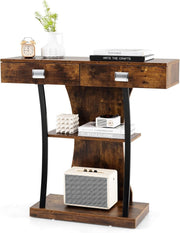 Narrow Rustic Brown Console Table with 2 Drawers & Storage Shelves