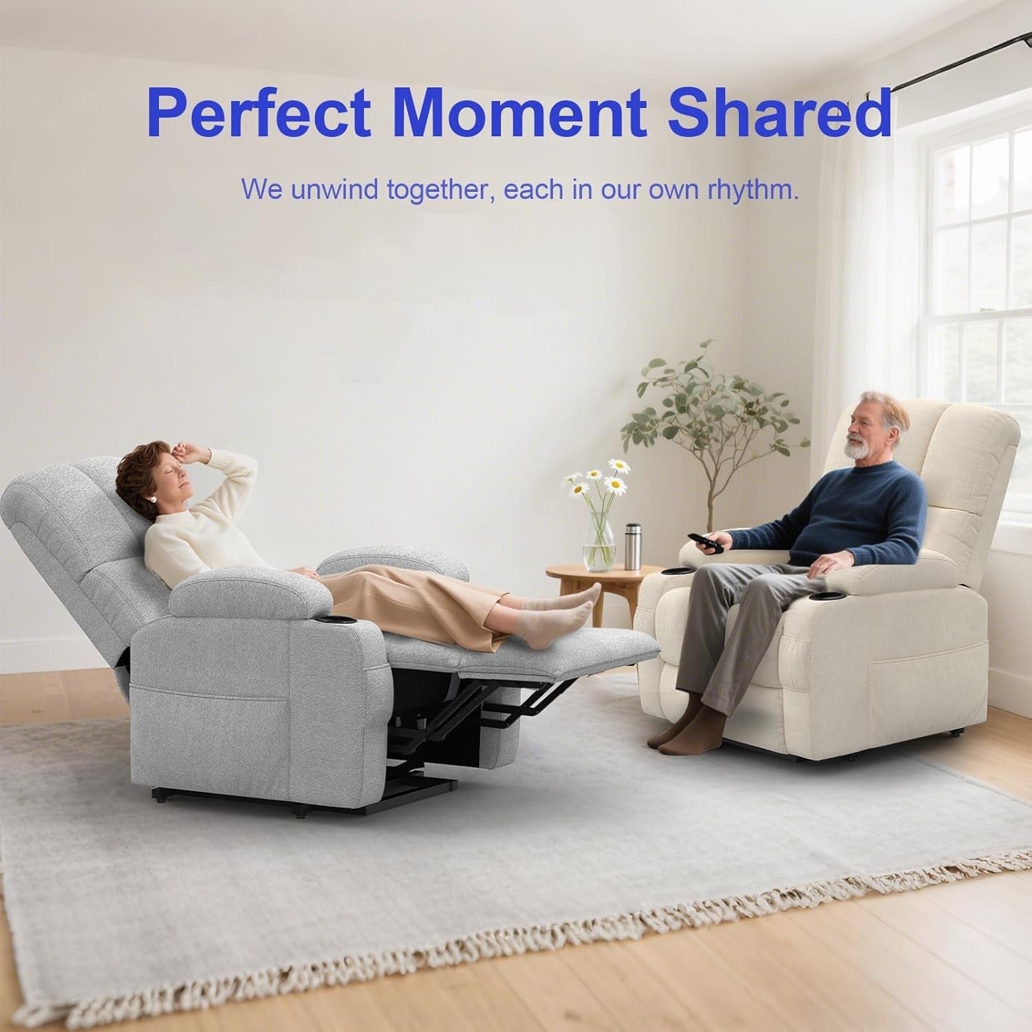 Beige Lift Recliner Chair Elderly Massage Heat USB Cup Holders Extended Footrest