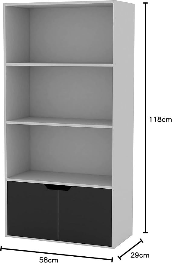 Modern White 4-Tier Wide Bookcase with Black Door Cupboard – Shelf Storage Unit