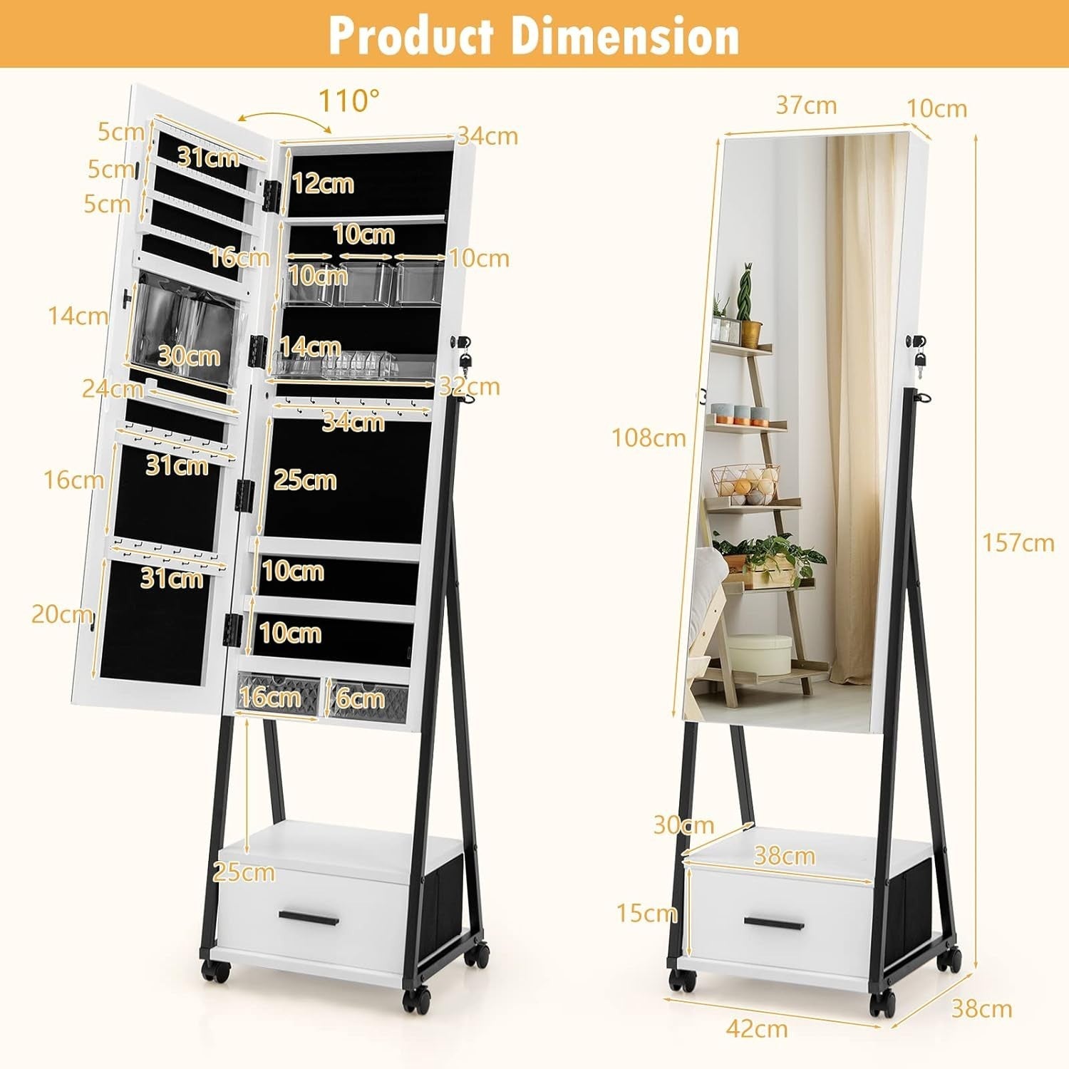 Rolling Jewelry Armoire with Full Length Mirror Lockable Cabinet White