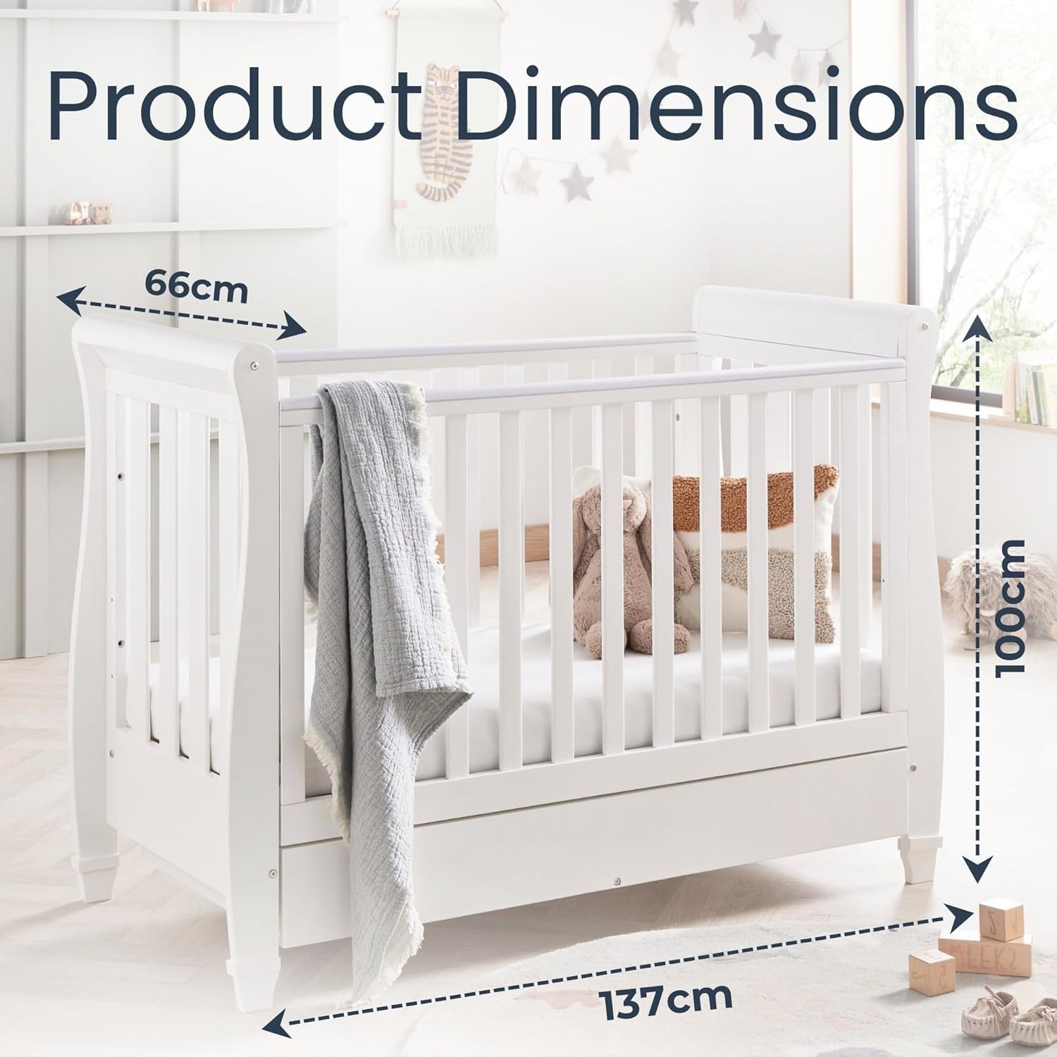Baby Cot Bed Convertible Toddler Day Bed Adjustable Height w/o Mattress White