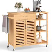 Bamboo Rolling Kitchen Island Cart 104cm Storage Cabinet