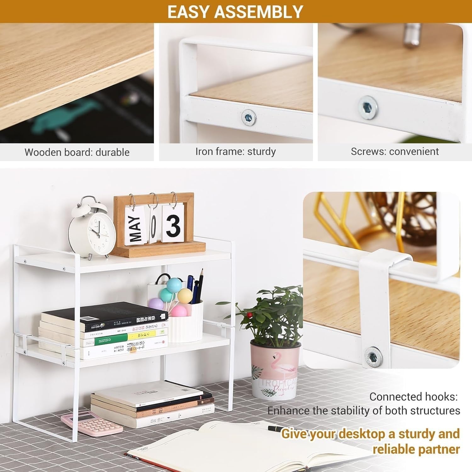 Adjustable Wood Desktop Shelf – 2-Tier Office Desk Organizer & Storage Rack