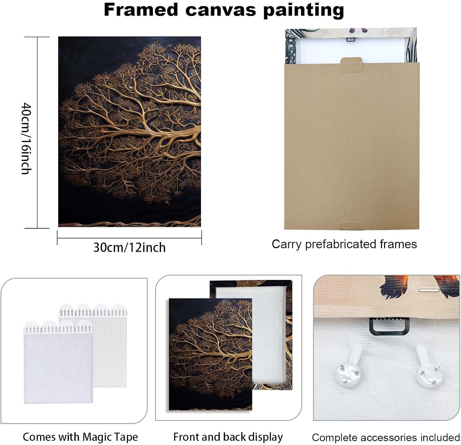 Set of 3 Golden Tree Canvas Wall Art 12x16 Framed Modern Luxury Decor