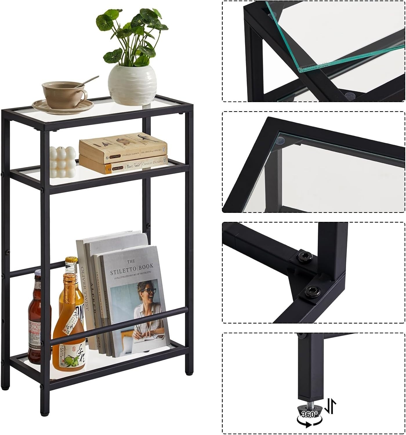 Slim Glass Side Table 3 Tier Narrow Black End Shelf for Sofa Bed Small Space