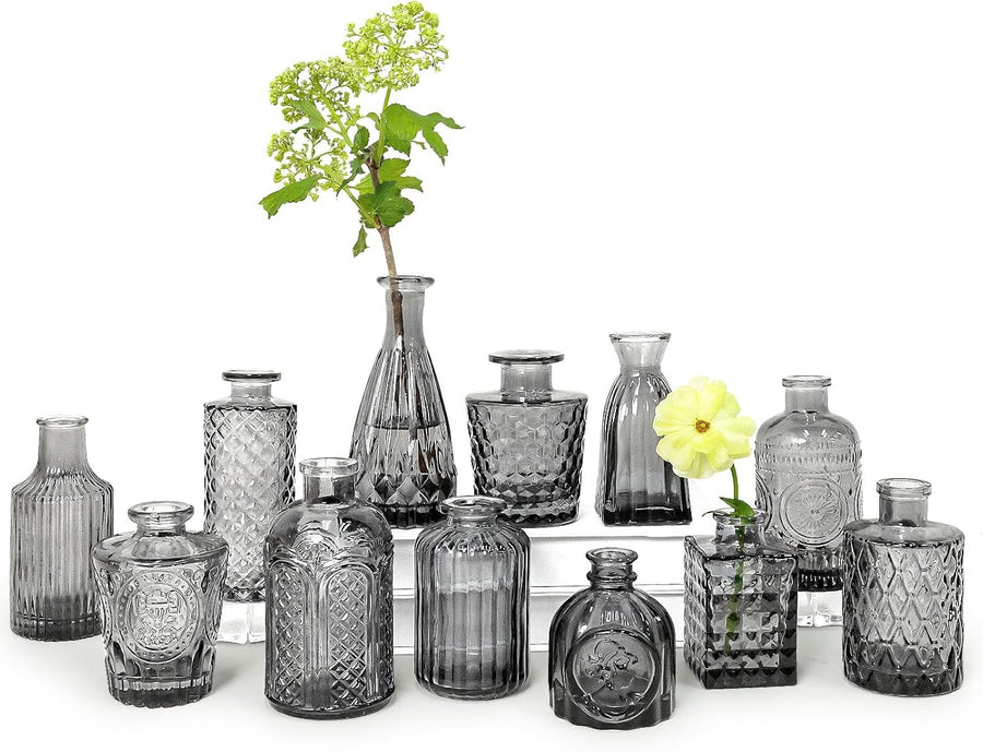 Black Glass Bud Vases Set 12 Vintage Mini Flower Vases Wedding Table Decor