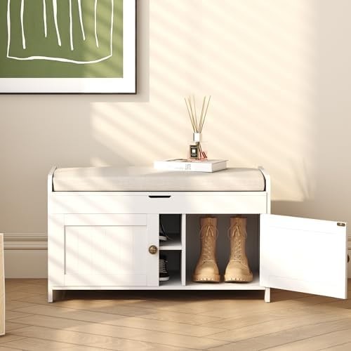 White Shoe Storage Bench with Cushion Seat 2-Door Cabinet Entryway 76x39x46cm