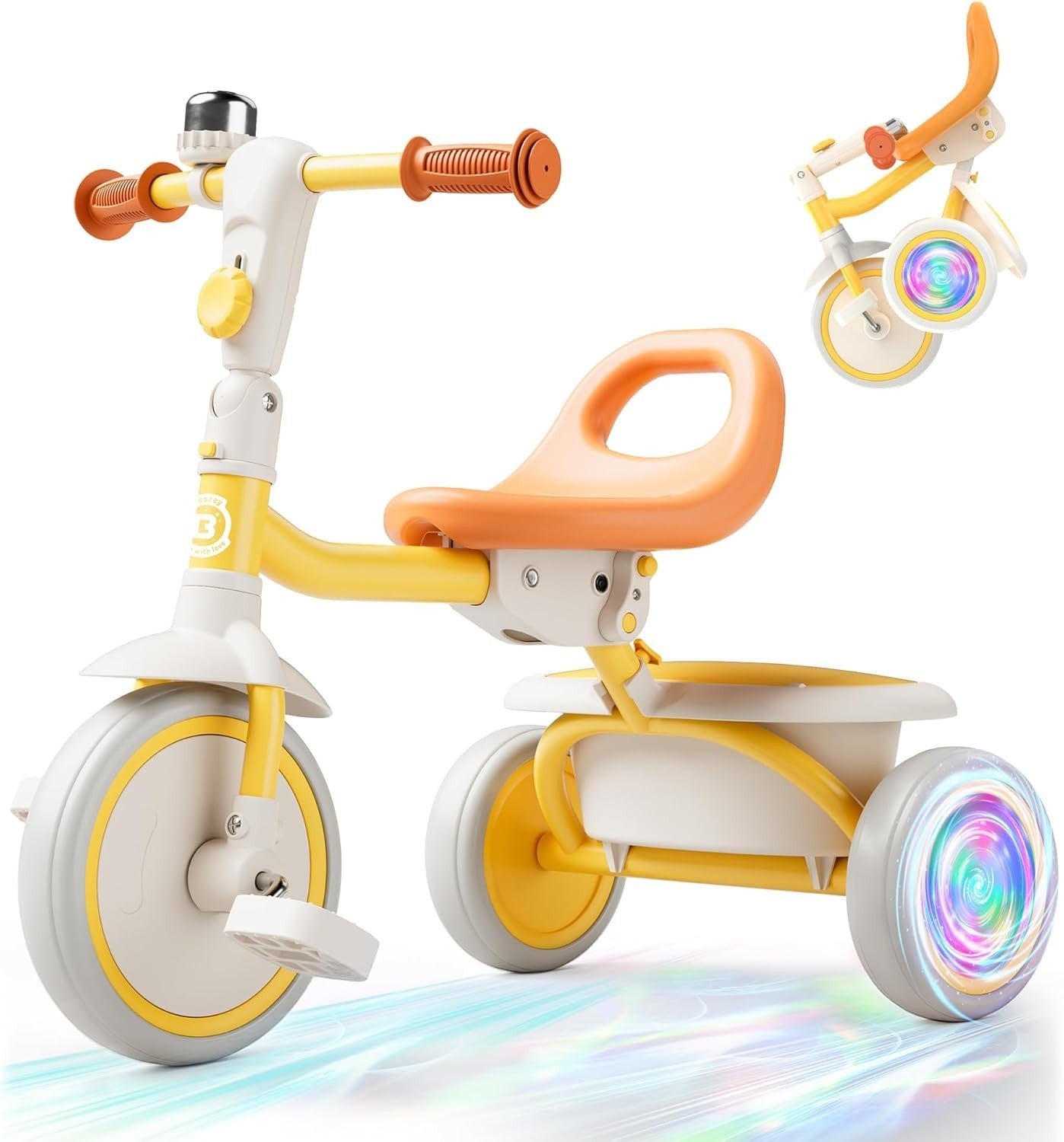 Kids Tricycle Flash LED Wheels Foldable Toddler Trike Yellow Age 18M-5Y