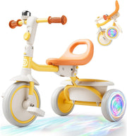 Kids Tricycle Flash LED Wheels Foldable Toddler Trike Yellow Age 18M-5Y