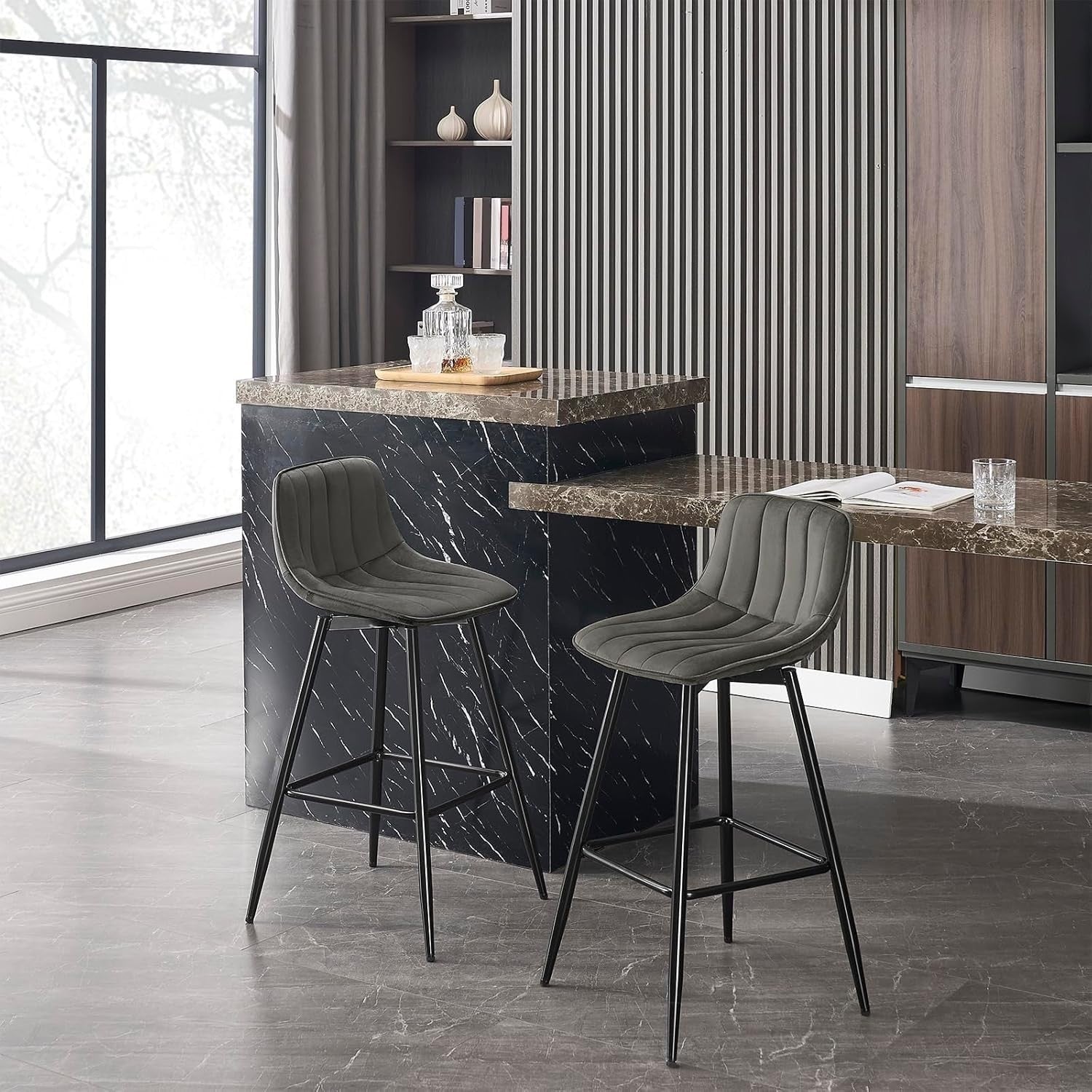 Contemporary Velvet Bar Stools Set of 2 Dark Grey Metal Kitchen Chairs
