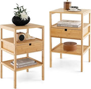 Bamboo Bedside Tables Set of 2 – 3-Tier Nightstands with Drawer & Shelves