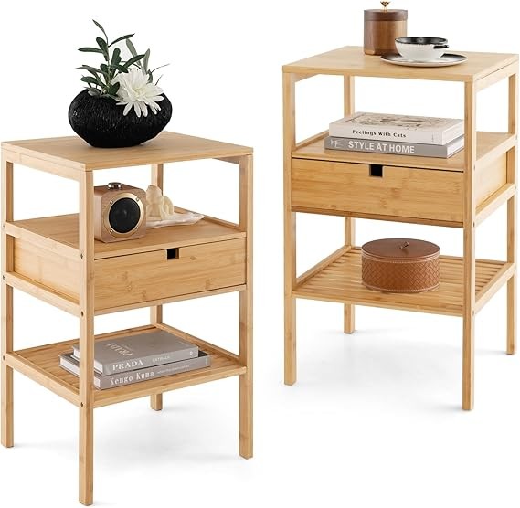 Bamboo Bedside Tables Set of 2 – 3-Tier Nightstands with Drawer & Shelves