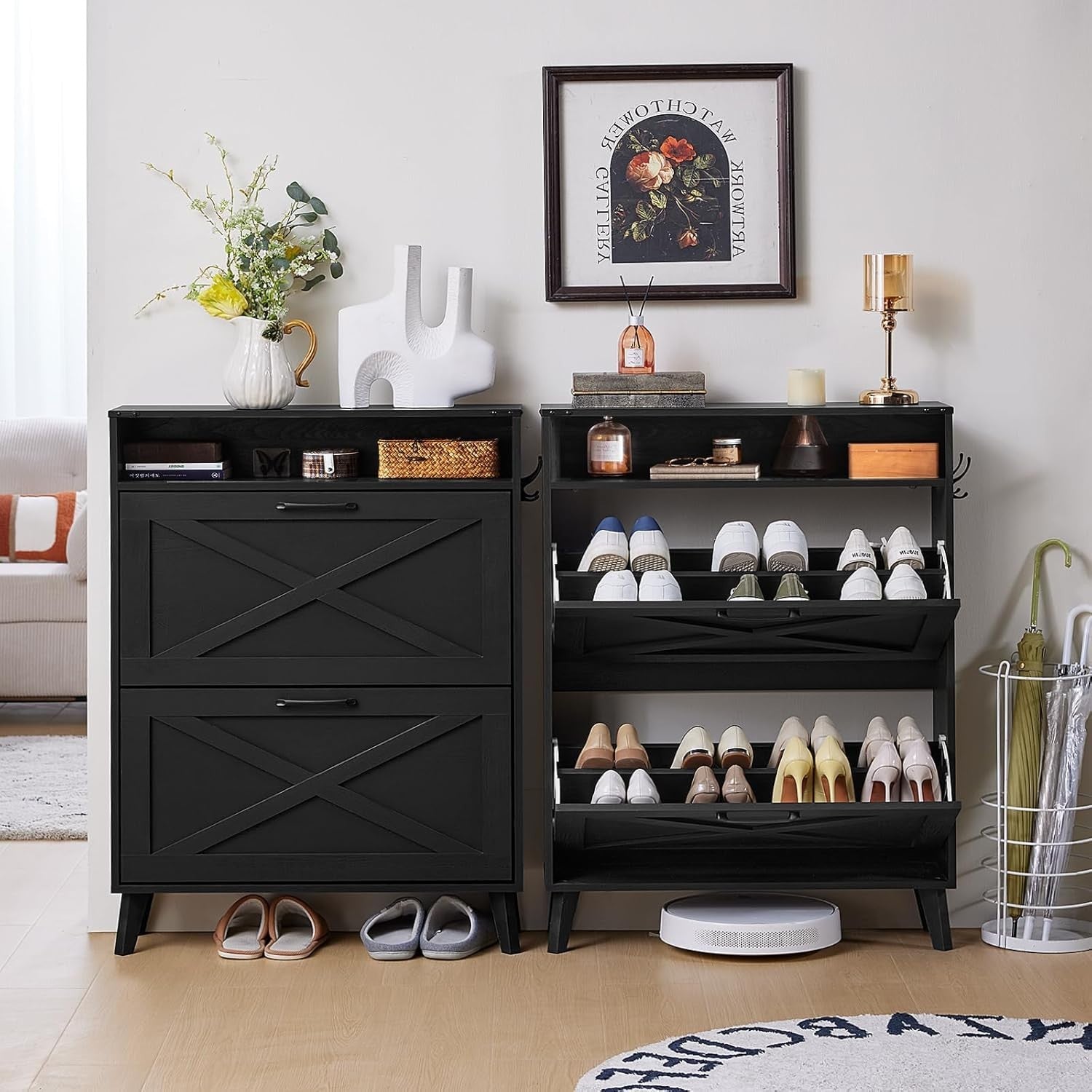 Space-Saving Shoe Cabinet with 2 Folding Doors & Removable Shelves – Black