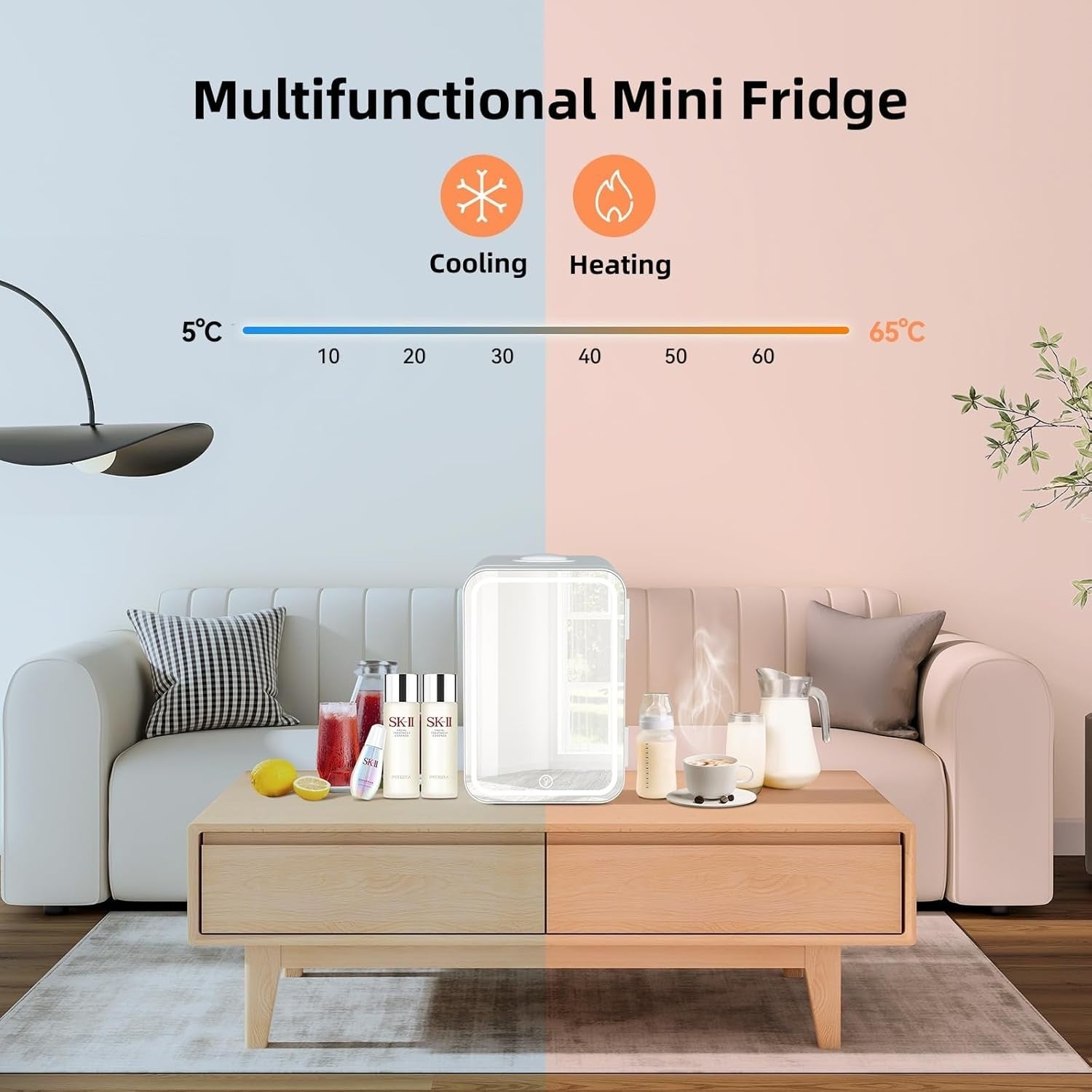 Portable Mini Skincare Fridge 8L LED Mirror AC/DC Bedroom Car Cooler