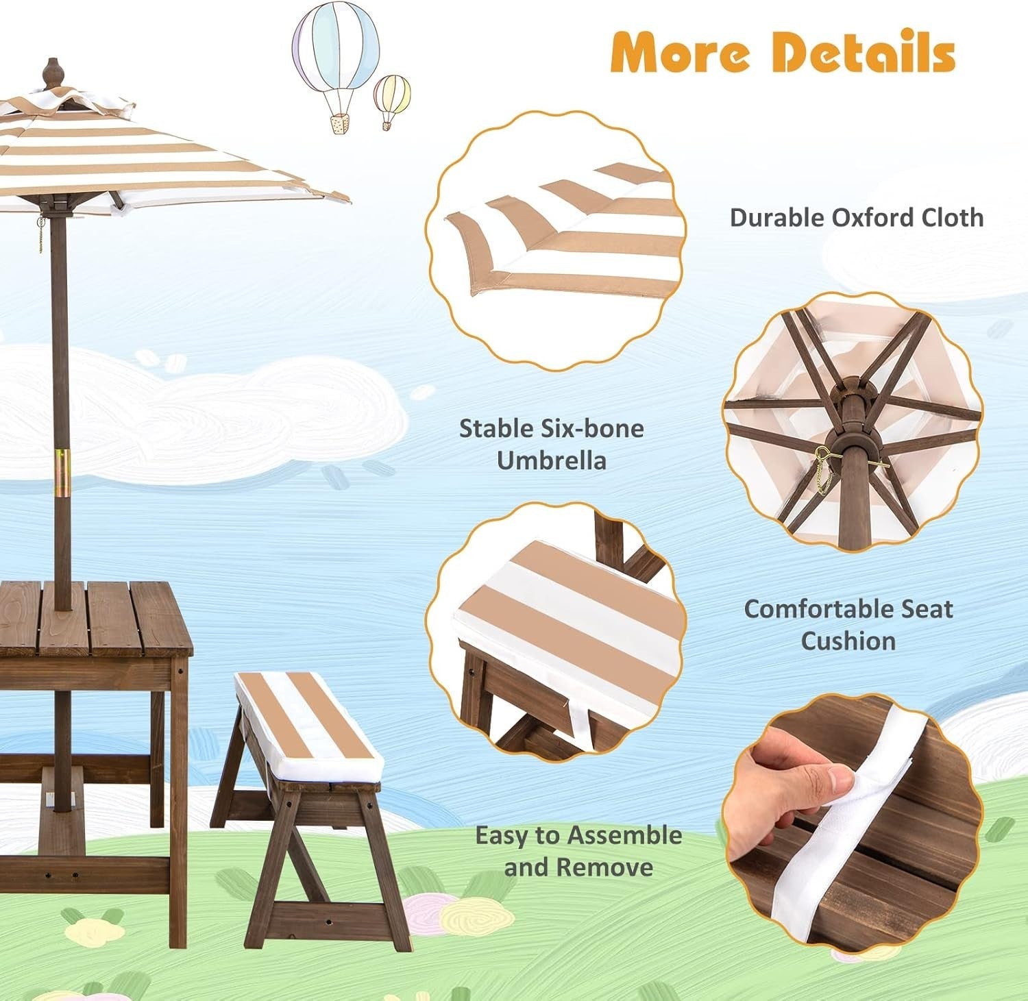 Kids Wooden Picnic Table Set with Cushions & Removable Umbrella, Indoor/Outdoor