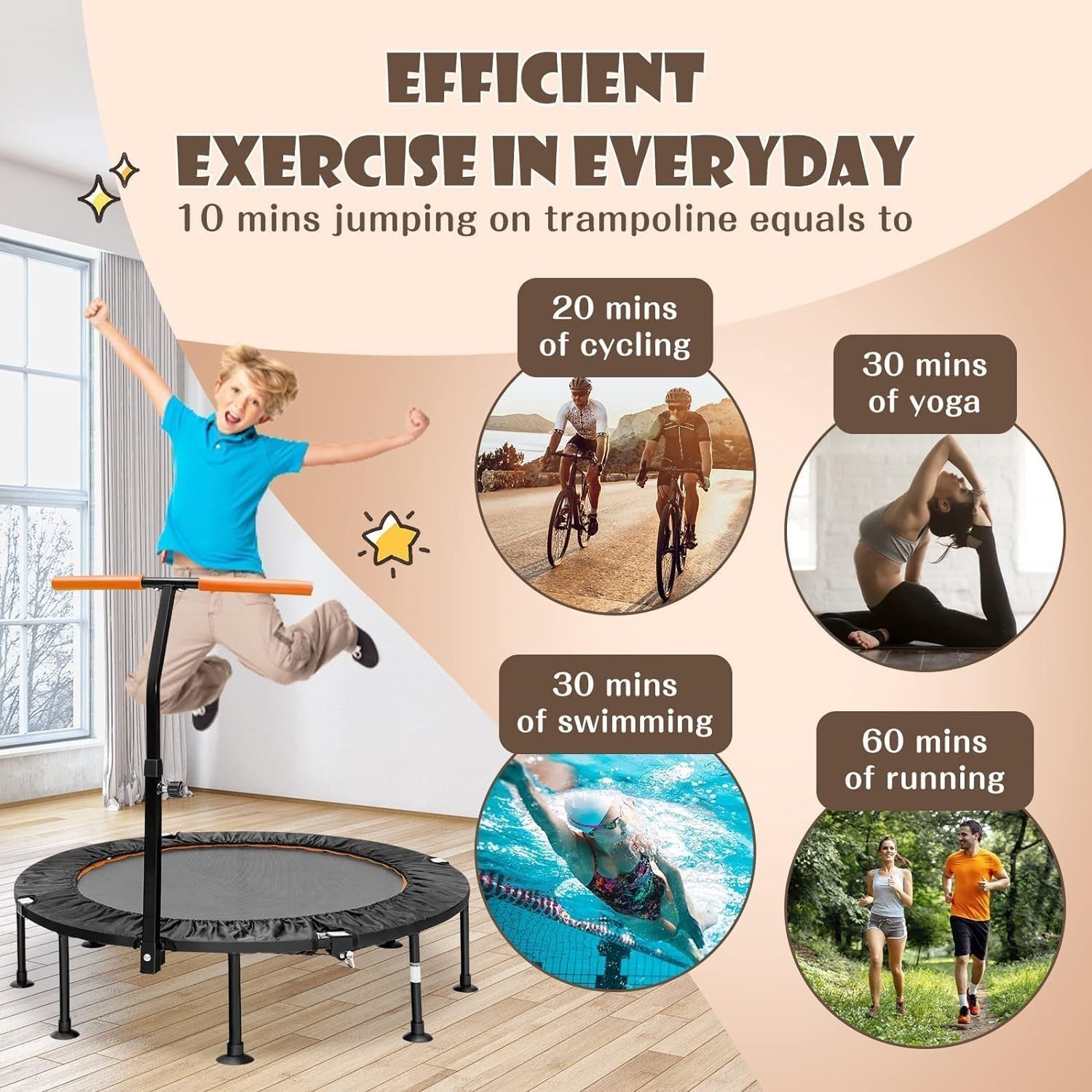 45'' Mini Trampoline with Adjustable Handle Foldable Fitness Rebounder Orange