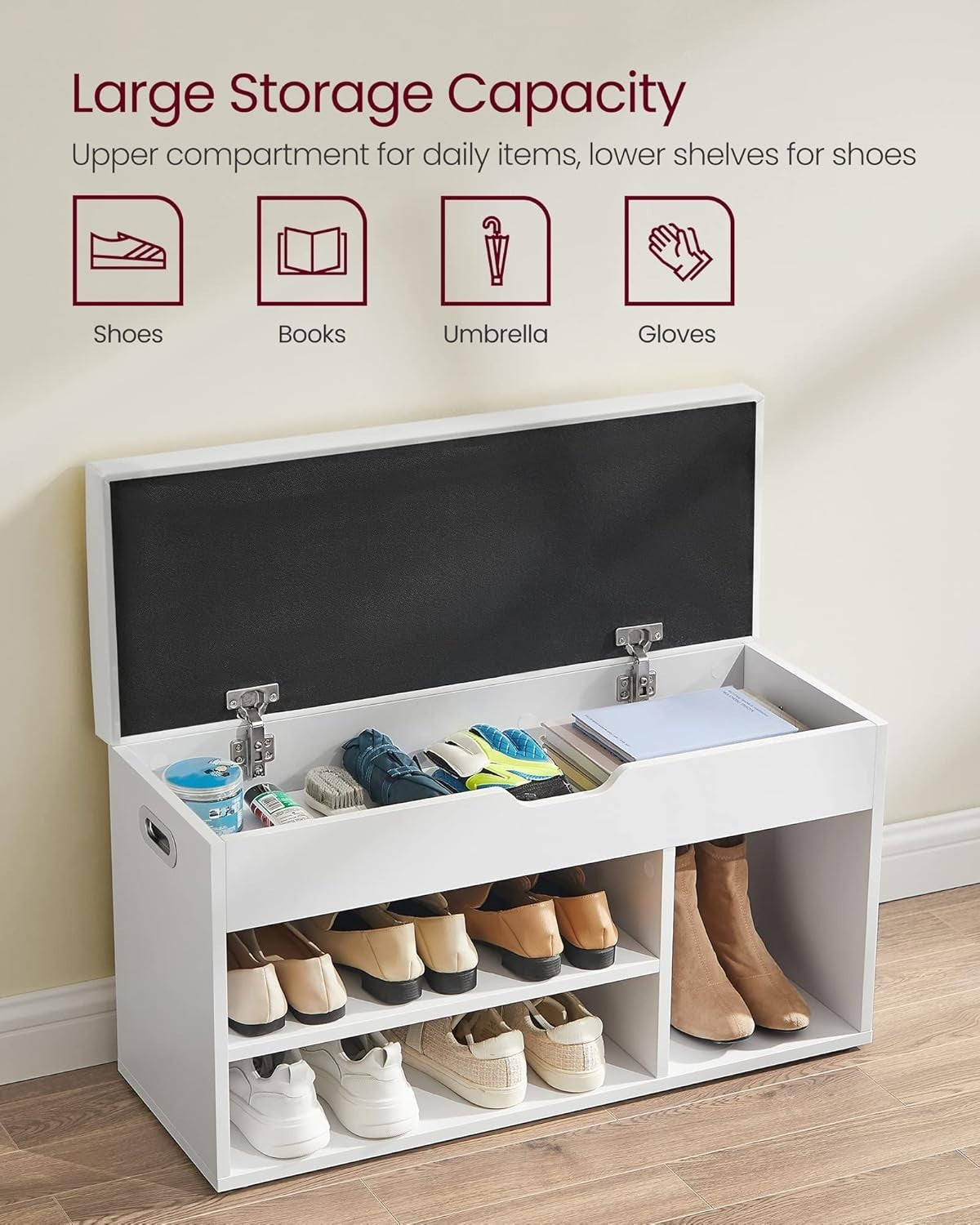 White Shoe Storage Bench with Cushion, 3 Compartments, Lift-Top Seat