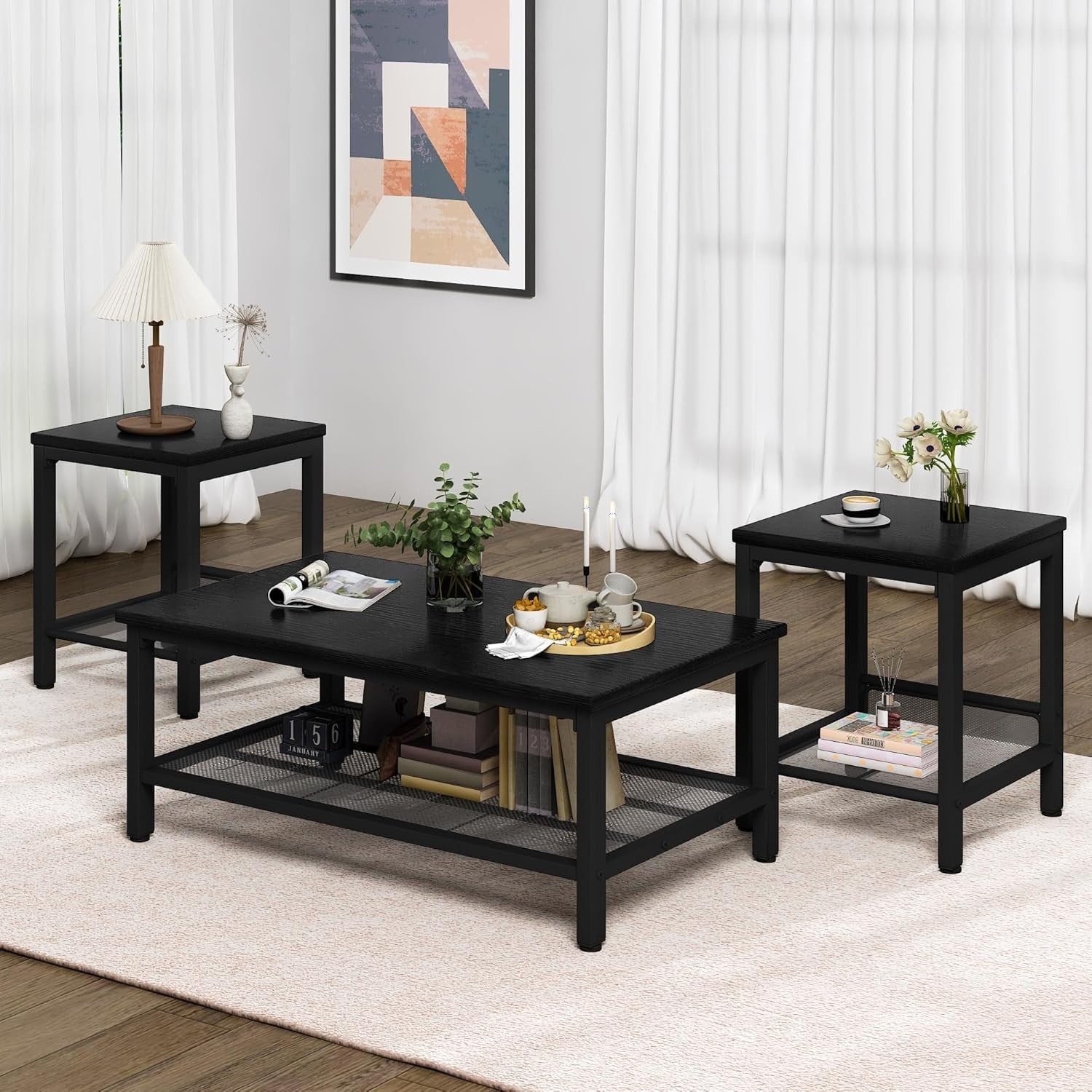 3-Piece Black Industrial Coffee Table Set – Metal Frame, Wood Top, Storage