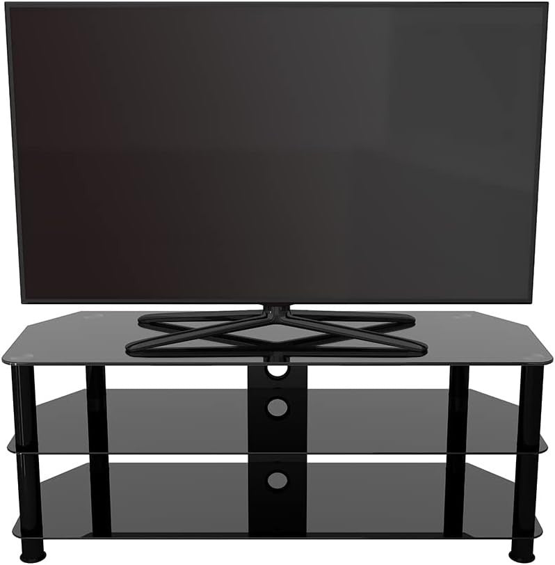 Black Glass TV Stand 125cm 3 Shelves for 60" TVs Console Floor Unit