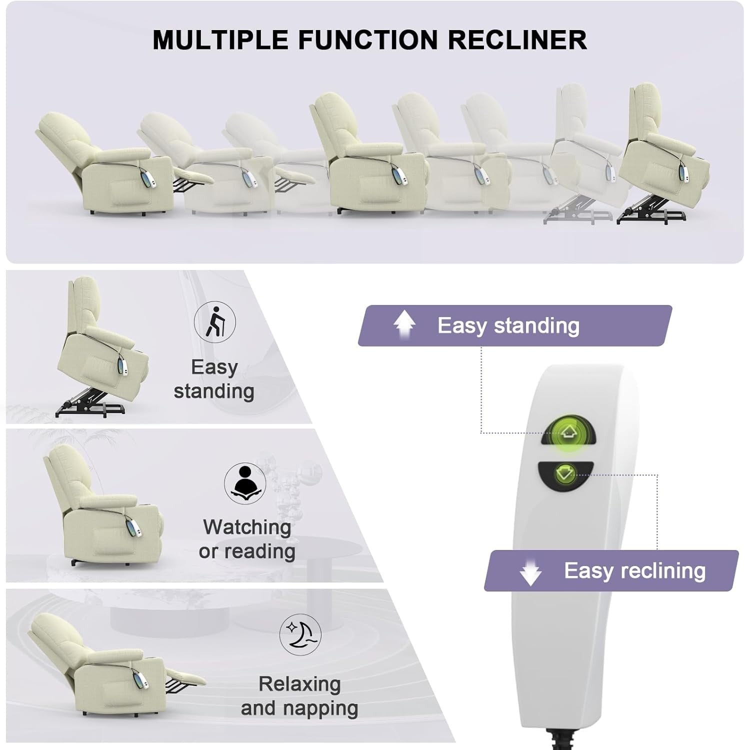Electric Lift Recliner Chair Oversized Massage Heat USB Type-C Cream Armchair