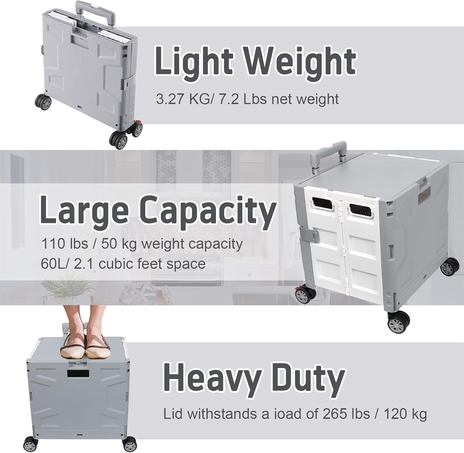 Foldable Grocery Trolley Cart 50Kg Portable Storage Box w/ Lid Grey