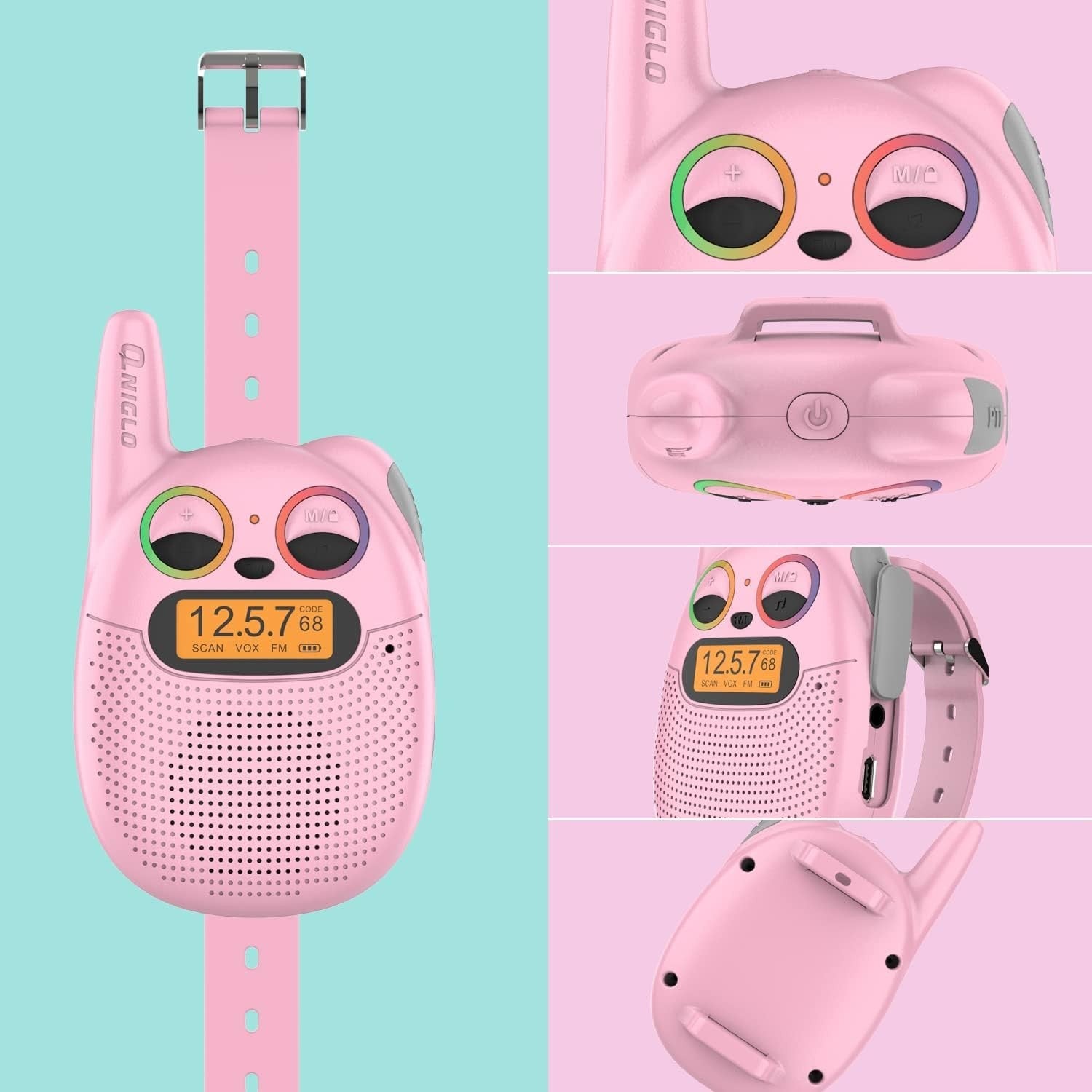 Kids Rechargeable Walkie Talkies Pink Watch Style FM Radio LED Lights