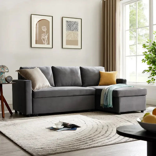 Grey Velvet 3 Seater Sofa Bed Reversible Chaise Pull Out Couch w/ Storage