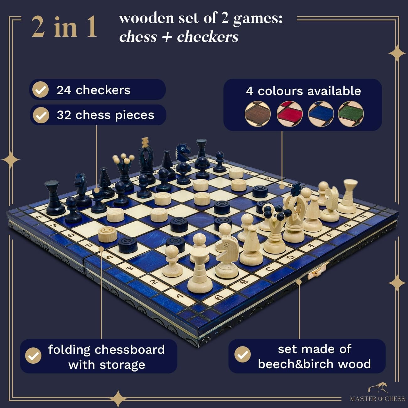Luxury 2-in-1 Wooden Chess & Checkers Set | 35cm Folding Board | Handmade Gift