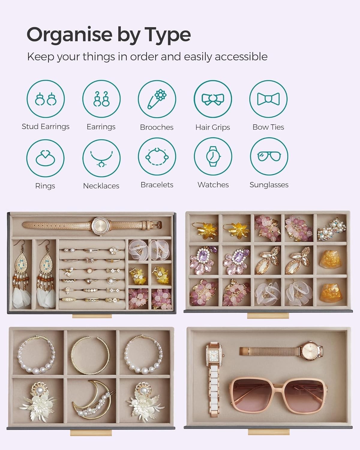 Grey Gold Jewellery Box Glass Lid 4 Layer Organizer with Drawers