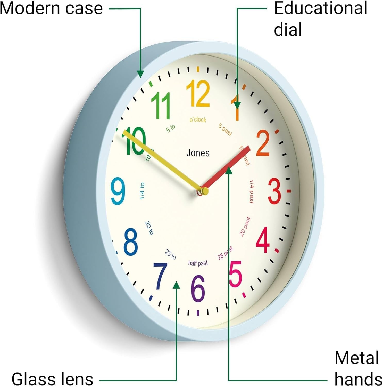25cm Kids Wall Clock Blue – Silent Non-Ticking Colourful Numbers Learn Time