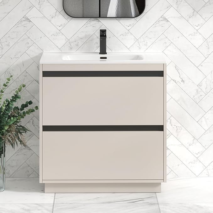 800mm Beige Floor Standing Vanity Unit with Basin Sink 2 Drawer Cabinet Modern