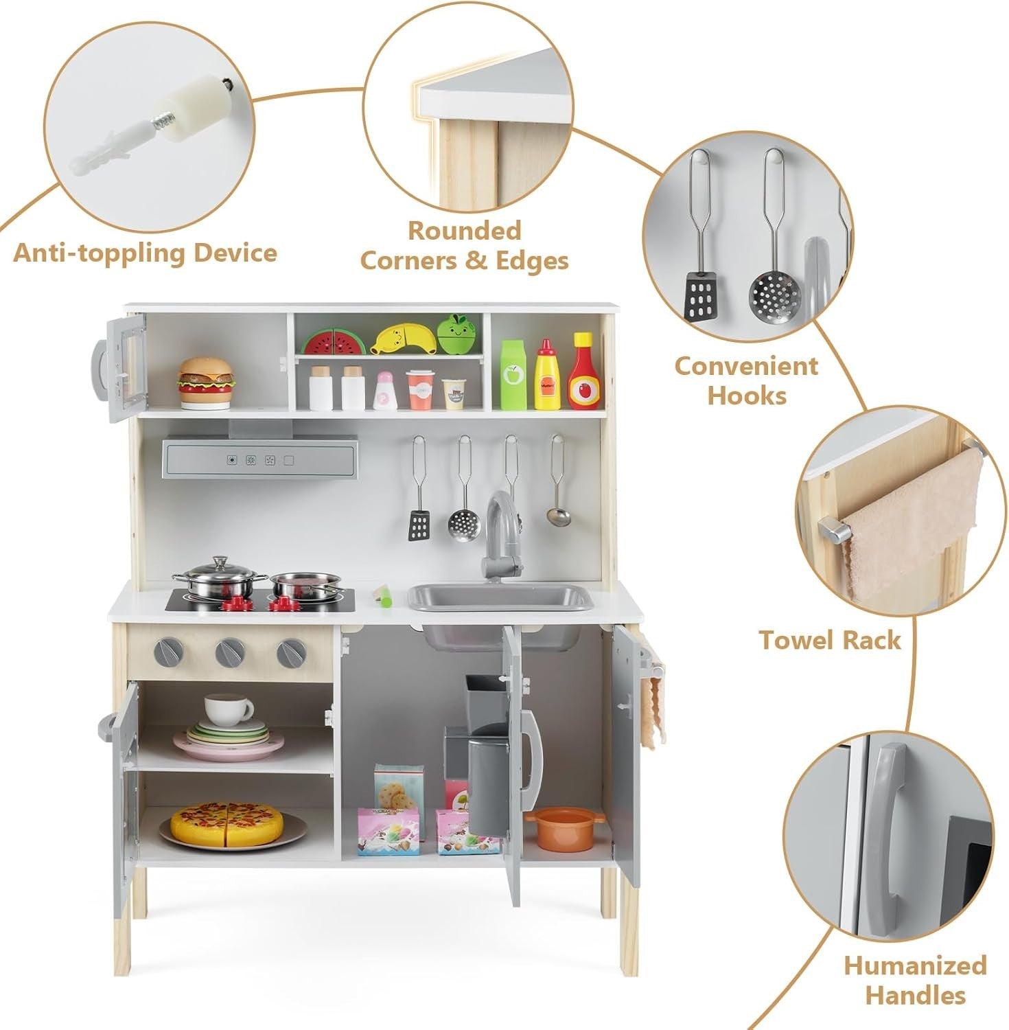 Wooden Kids Play Kitchen Grey Ice Maker Cooking Toy Accessories