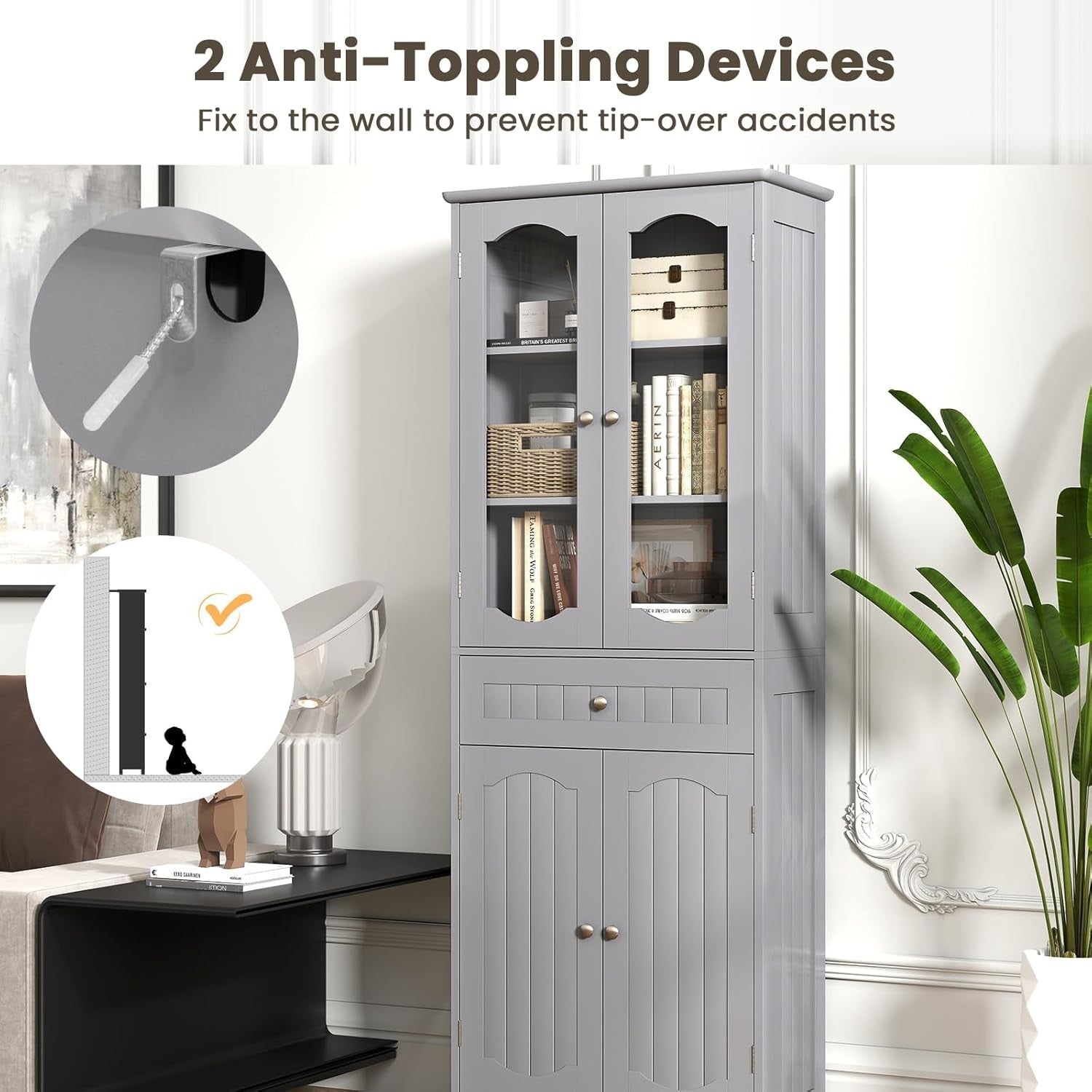 Tall Bathroom Cabinet Grey Freestanding Storage Cupboard 4-Door Drawer
