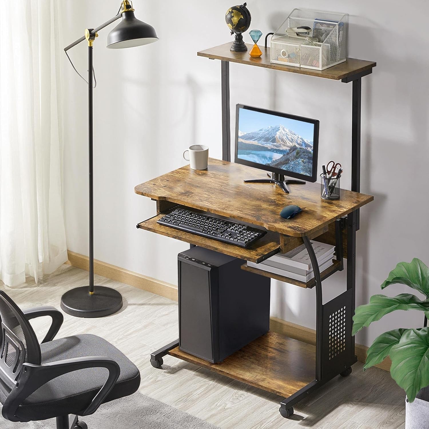 3 Tier Computer Desk with Printer Shelf Keyboard Tray Rolling Home
