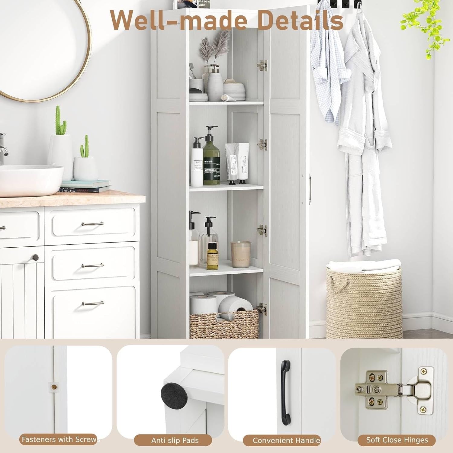 Tall White Kitchen Cupboard 4 Tier Wooden Storage Cabinet Organizer Unit
