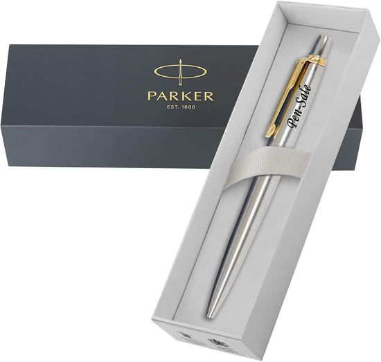 Steel Gold Trim Ballpoint Pen Blue Ink Gift Boxed